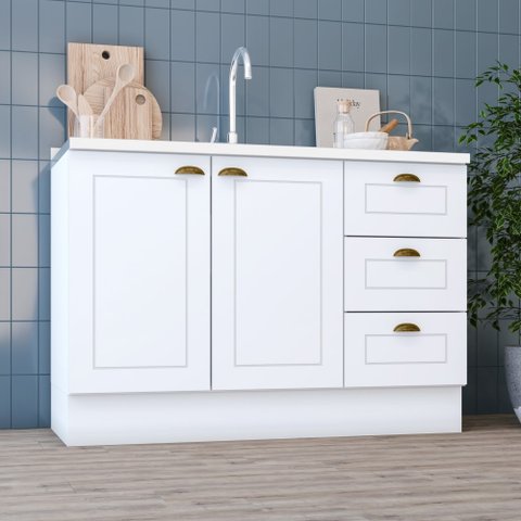 Balcão de Cozinha Pia 120 Cm 2 Portas 3 Gavetas Amy Casa 812