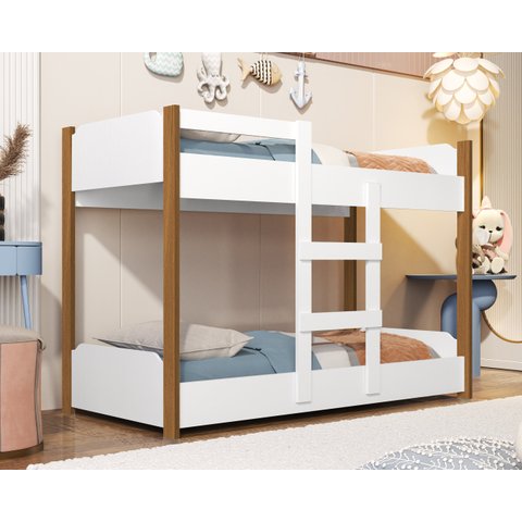 Beliche Infantil com Escada e Grade Reforçada Segura 100%MDF:‎ Branco/Jequitibá
