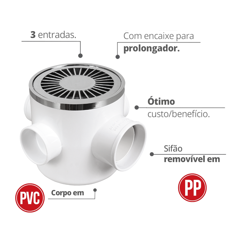 Caixa Sifonada Redonda Três Entradas 100 x 100 x 50mm  Com Grelha Cromada Durín - 2