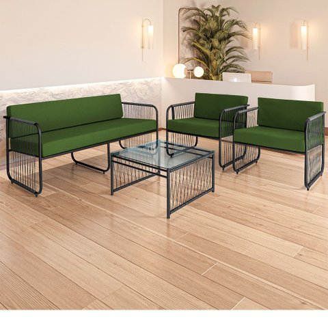 Conjunto 2 Poltronas 1 Namoradeira e 1 Mesa de Centro Córdova em Aço Carbono e Fibra Sintética Acess