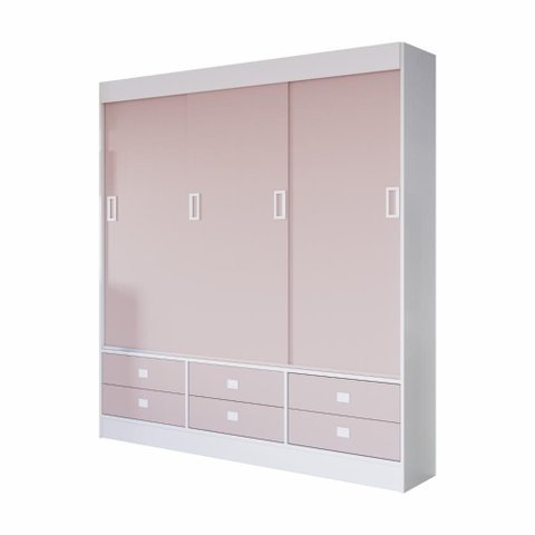 Guarda Roupa Solteiro Percasa 3 Portas de Correr 6 Gavetas Branco Rosa