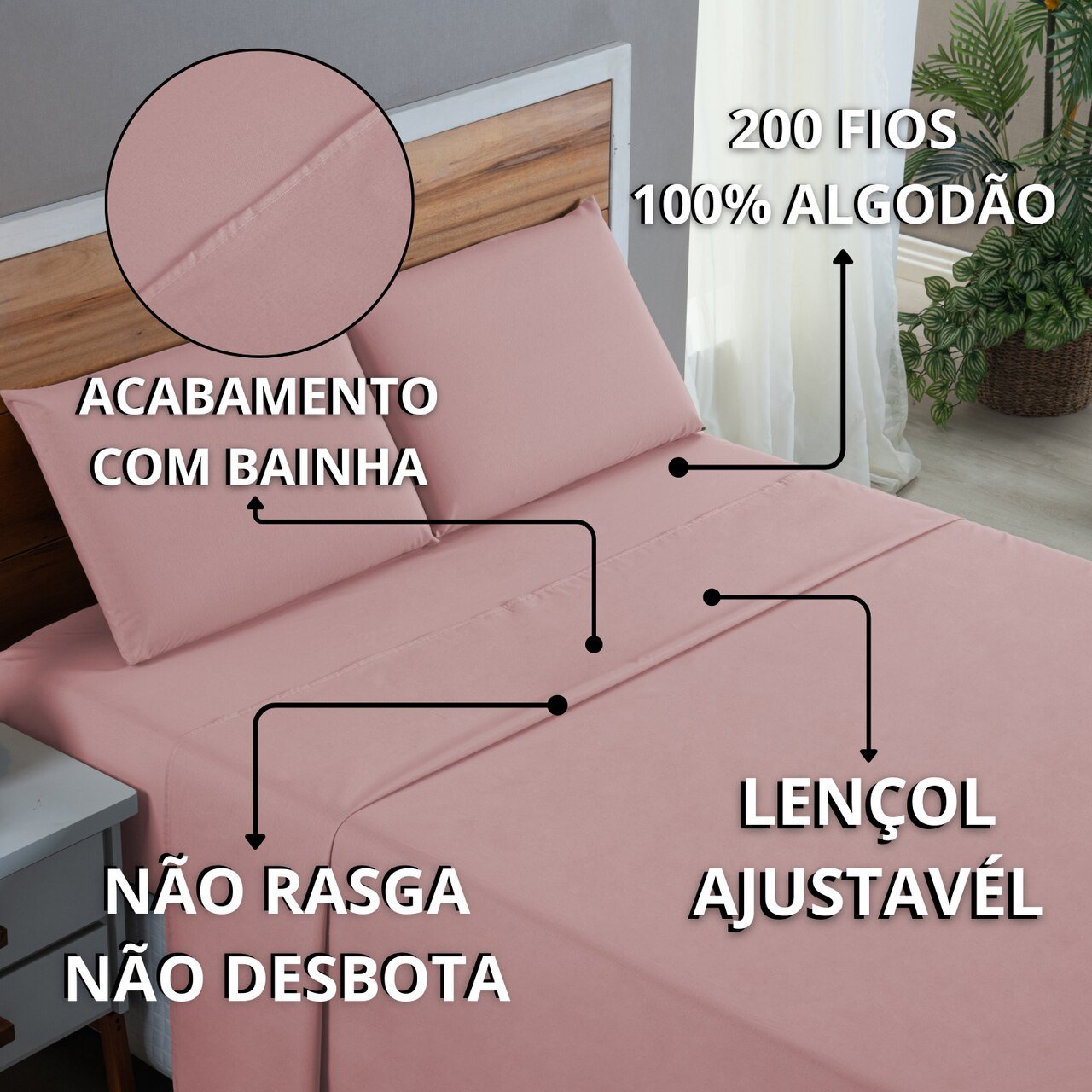 Lençol Casal Algodão 200 Fios 4 Peças Virol Cama Box Liso Toque Macio Hotel:rose - 7