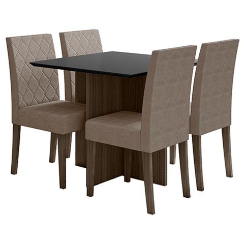 Mesa de Jantar 120cm Helo com Vidro Amêndoa Grafite com 4 Cadeiras Jade Bordada Amêndoa Cappuccino –