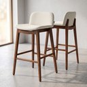 Ver imagem 1 de Kit 02 Banquetas Altas Arabella Madeira Maciça Estofada Encosto Curvo Linho Cru - Desk Design
