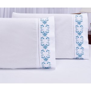 Jogo Lençol King 4 Peças 200 Fios Percal Veneza Branco com Azul