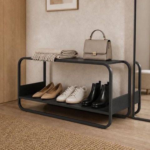 Banco Sapateira para Hall de Entrada 90cm Orgânico Industrial Alek A03 Nero Preto - Lyam Decor