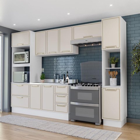 Cozinha Amara 5 Peças Armários Aéreos Torre Quente Paneleiro Balcão Rodapé Branco/Creme 250086