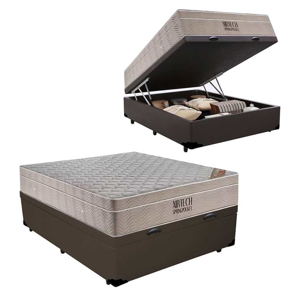 Cama Box Baú Casal Sintético + Colchão Ortobom Airtech Molas Ensacadas 138x188x65 Marrom - 1