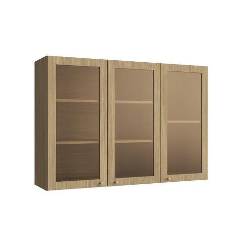 Armário Aéreo 3 Portas com Vidro Reflecta Valência Amadeirado Claro 100% MDF Casamia
