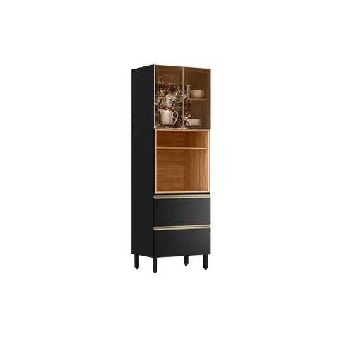 Paneleiro Cozinha Modulado Proença C/ 2 Portas C/ Vidro 2gavs 70cm Nogueira/carbono Prime Tx Demó
