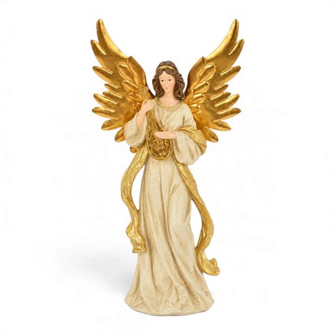 Escultura Natalina Anjo Celestial com Harpa e Asas Douradas a: 45cm L: 20cm C: 15cm