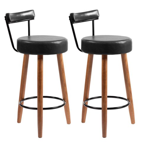 Kit 2 Banquetas Altas 80 Cm Estofada Corino Preto com Encosto Retrô P/ Cozinha Área Gourmet Bancada