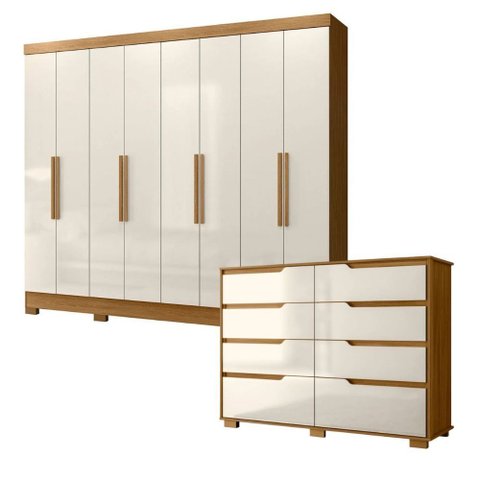 Conjunto Guarda Roupa e Cômoda Moval 2 Peças 8 Portas 8 Gavetas
