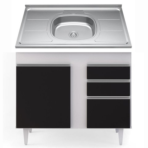 Balcão Gabinete com Pia Inox 100cm 2 Portas 2 Gavetas Luziania Branco-preto - Lumil