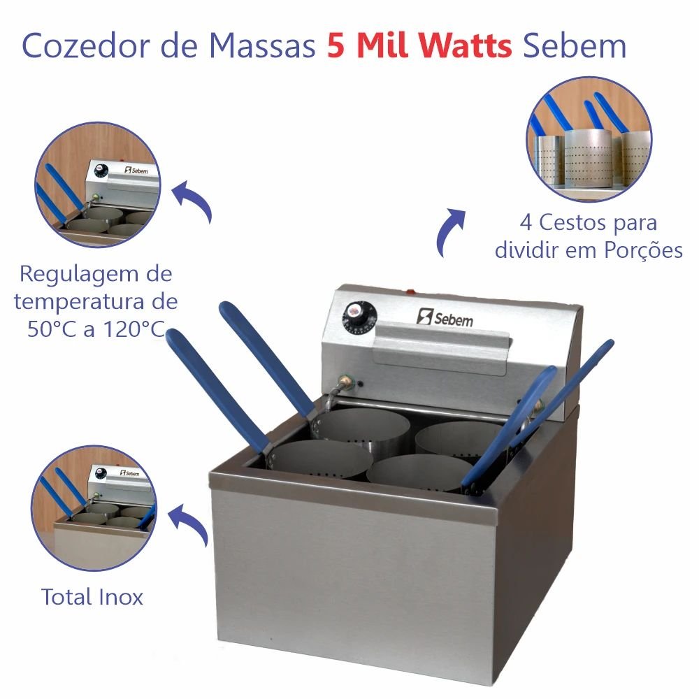 Espagueteira Cozedor de Macarrão Massa Pasta Elétrica 8 Litros Sebem 4 Cestos Inox - 2