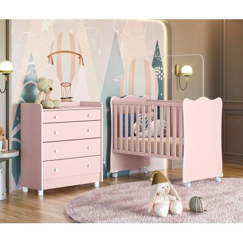 Quarto Infantil Lua Encantada Berço e Cômoda com Trocador Rosa