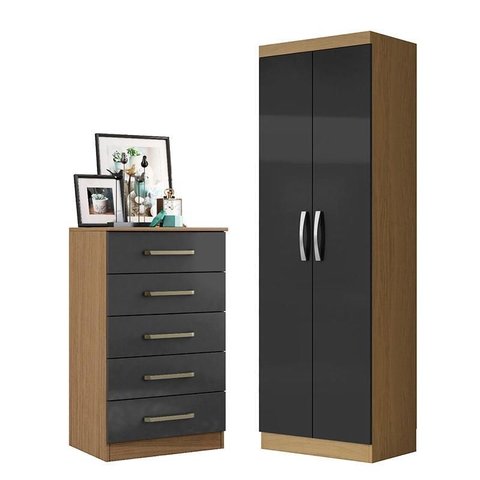 Cômoda 5 Gavetas 2014140 e Armário Multiuso New 2000192 Atacama Grafite - Aramóveis