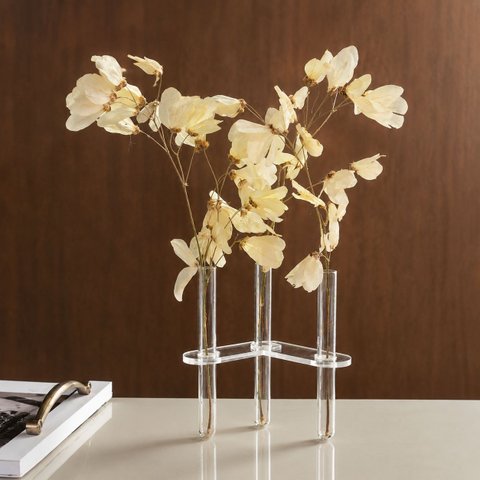 Vaso Triplo Decorativo com Tubos de Ensaio em Vidro e Suporte Acrílico para Flores e Decoração