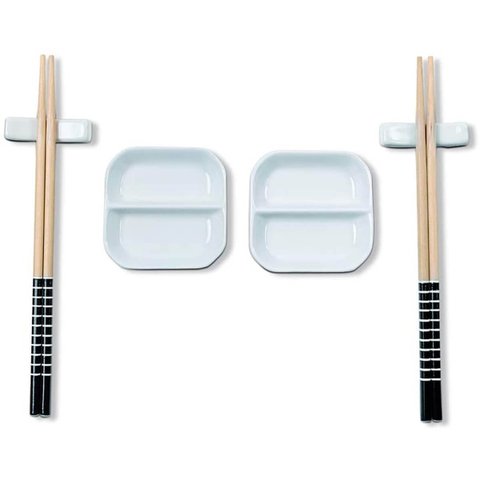 Kit Sushi 2 Pessoas 6 Pçs Hashi Japonês Madeira Molheiras Cerâmica e Apoios de Hashi Nankin Haus