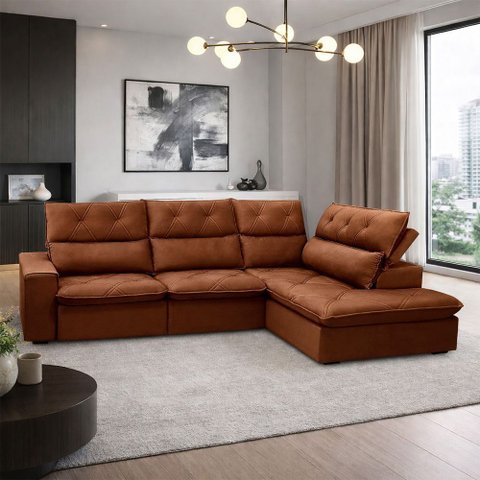 Sofá 3 Lugares Retrátil Reclinável Chaise Direito 258cm Bergen F04 Veludo Terracota - Lyam Decor