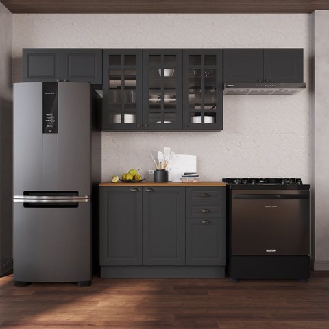 Cozinha Modulada 4 Peças 1 Balcão com Tampo 3 Aéreos 100% MDF com Vidro e Rodapé Bari