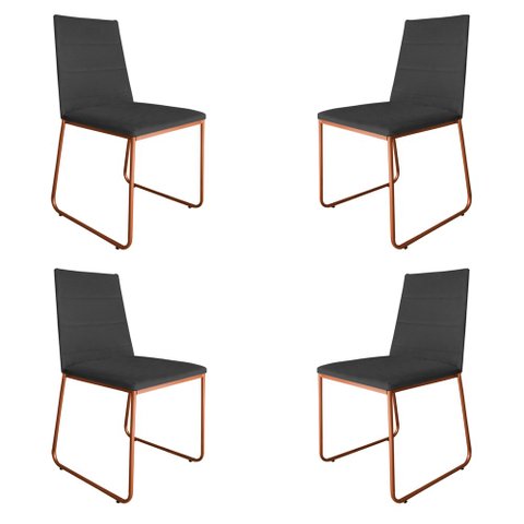 Kit 4 Cadeiras de Jantar Estofada Lille Base Bronze Veludo Cinza - Montanaris Decor