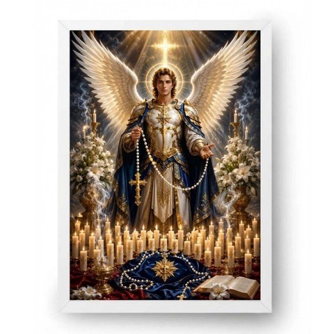 Quadro Quaresma de São Miguel com Presença Angelical Solene 30x42cm Moldura Branca