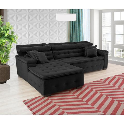 Sofá Orlando 2.20x1.90m com Chaise, Retrátil e Reclinável - Preto