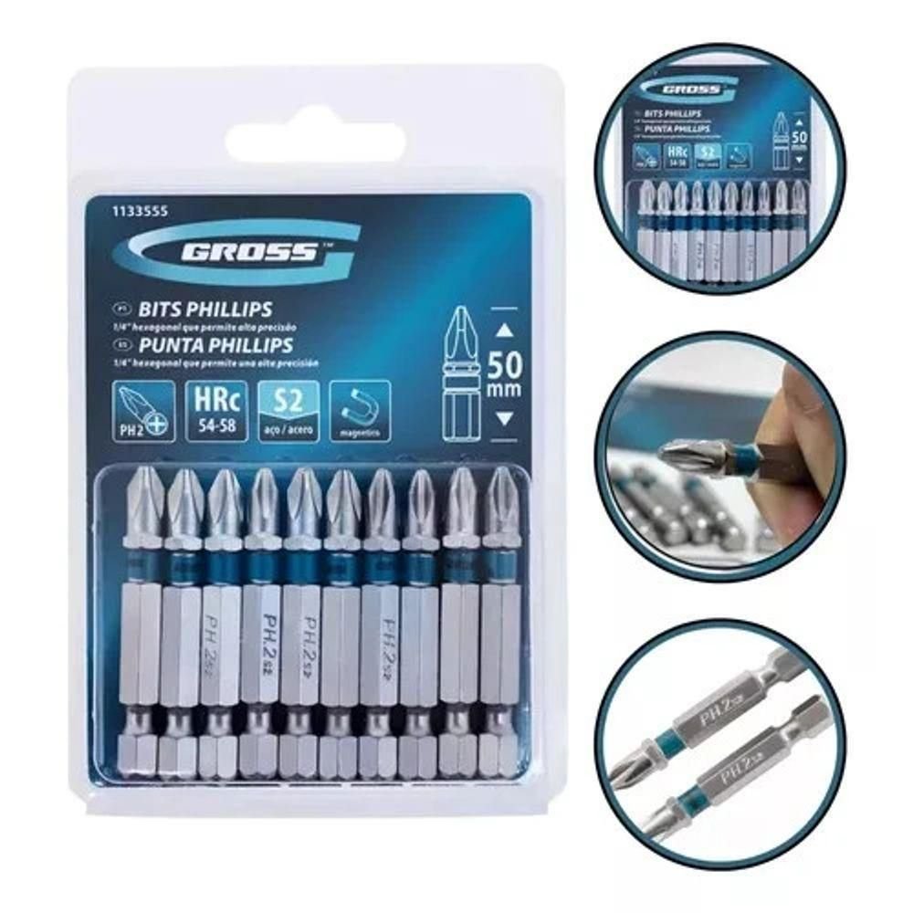 Kit Bits Parafusadeira Phillips 10pc Gross 50mm Ph2 - 2