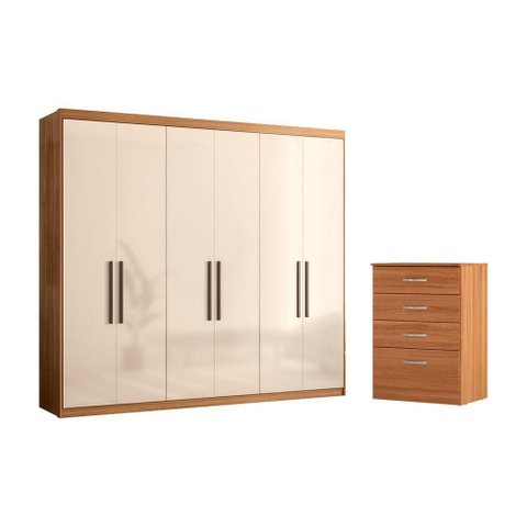 Conjunto de Quarto Casa Azzur Guarda Roupa 6 Portas 4 Gavetas MDP Amêndola Off White Demóbile