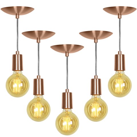 Kit 5 Pendente Tubo Cilindro Alumínio Cobre Fio 120cm
