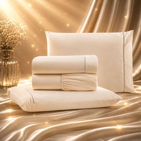 Jogo de Cama Quality King 4 Peças Micropercal 600 Fios 100% Poliéster Bege Casa Show Enxovais