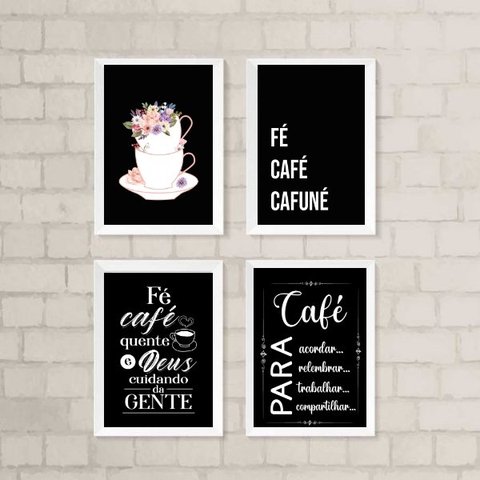 Kit 4 Quadros para Cantinho do Café preto 45x34cm:madeira Branca