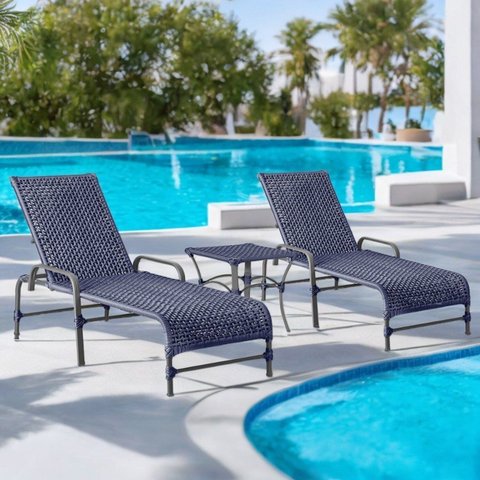 Kit 2 Espreguiçadeiras Corda Náutica e Mesa Garden em Alumínio para Piscina Edícula Catar Azul