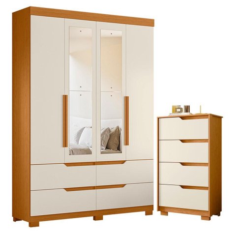 Guarda Roupa Solteiro Doble 04 Portas com Espelho e Cômoda Sole Flex Cinamomo Off White - Móveis Alb