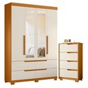 Ver imagem 1 de Guarda Roupa Solteiro Doble 04 Portas com Espelho e Cômoda Sole Flex Cinamomo Off White - Móveis Alb