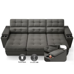Sofá com Porta Copos e Carregador Usb Eureka 2,30m Assento Retrátil e Reclinável Velosuede - - 4
