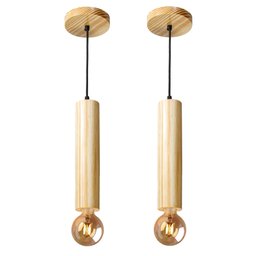Kit 2 Luminárias Pendentes Cilindro Tubo de Madeira Maciça 1 Metro E27 Lustre Cor Natural Moderno - 1