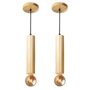 Kit 2 Luminárias Pendentes Cilindro Tubo de Madeira Maciça 1 Metro E27 Lustre Cor Natural Moderno