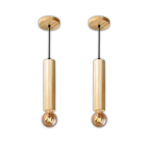Kit 2 Luminárias Pendentes Cilindro Tubo de Madeira Maciça 1 Metro E27 Lustre Cor Natural Moderno