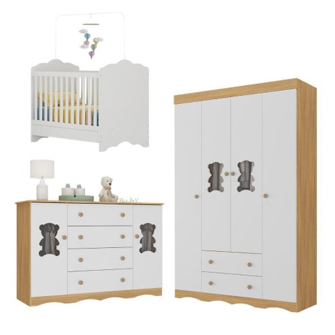 Quarto Bebê Completo Berço 3 em 1/Guarda-Roupa 4 Portas/Cômoda 4 Gavetas Vicente Multimóveis