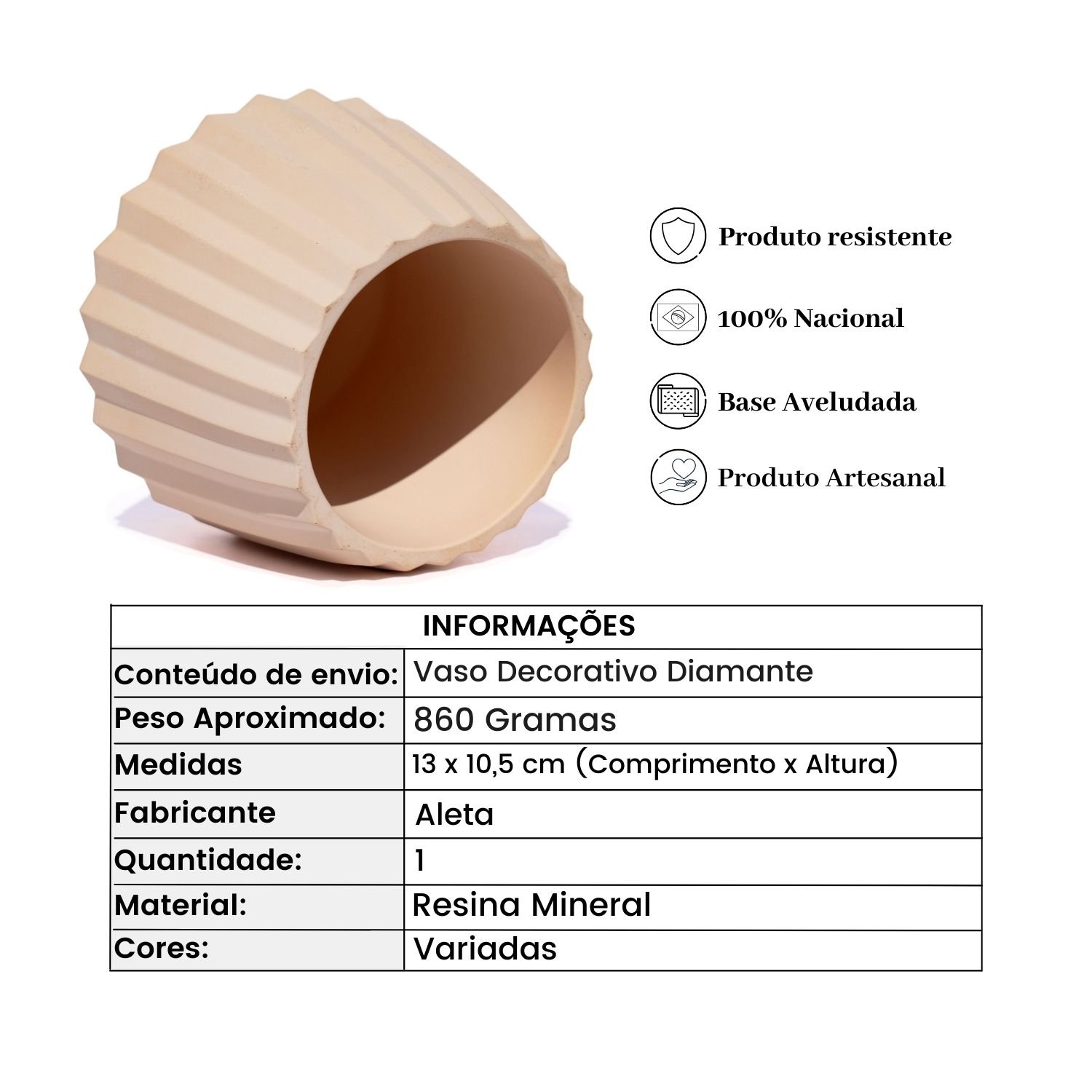 Vaso Decorativo Diamante Artesanal 10,5x13cm em Resina Mineral - Branco - 4