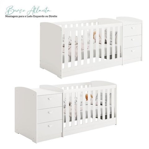 Quarto Infantil Americano 6 Portas com Berço Multifuncional Atlanta Ambiente Branco Fosco e Colchão 