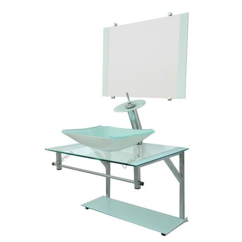 Gabinete de Vidro 60cm Cuba Chanfrada Branco + Torneira Cascata - Dahora