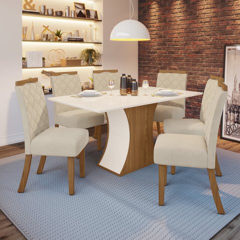 Conjunto Sala de Jantar Tampo MDF Canto Reto 160 Cm 06 Cadeiras Arian Casa 812
