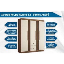 Guarda Roupa Solteiro 3 Portas 3 Gavetas 3.3 Aurora Jatoba/areia - Santos Andirá - 3