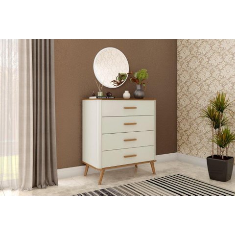 Cômoda Mat Estilo Retrô 100% Mdf com Pés Palito em Madeira e Puxadores Amadeirados 4 Gavetas com Cor