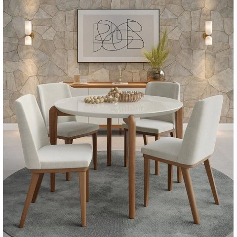 Mesa de Jantar 115cm Madeira Donatella 4 Lugares Vidro Redonda Cozinha