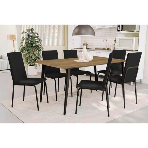 Conjunto: Mesa Sala Jantar Iguaçu c/ Tampo de Madeira 160cm e 6 Cadeiras Amsterdã Preto Fosco/
