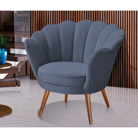 Poltrona Decorativa Pétala com Pés Palito Suede Cinza